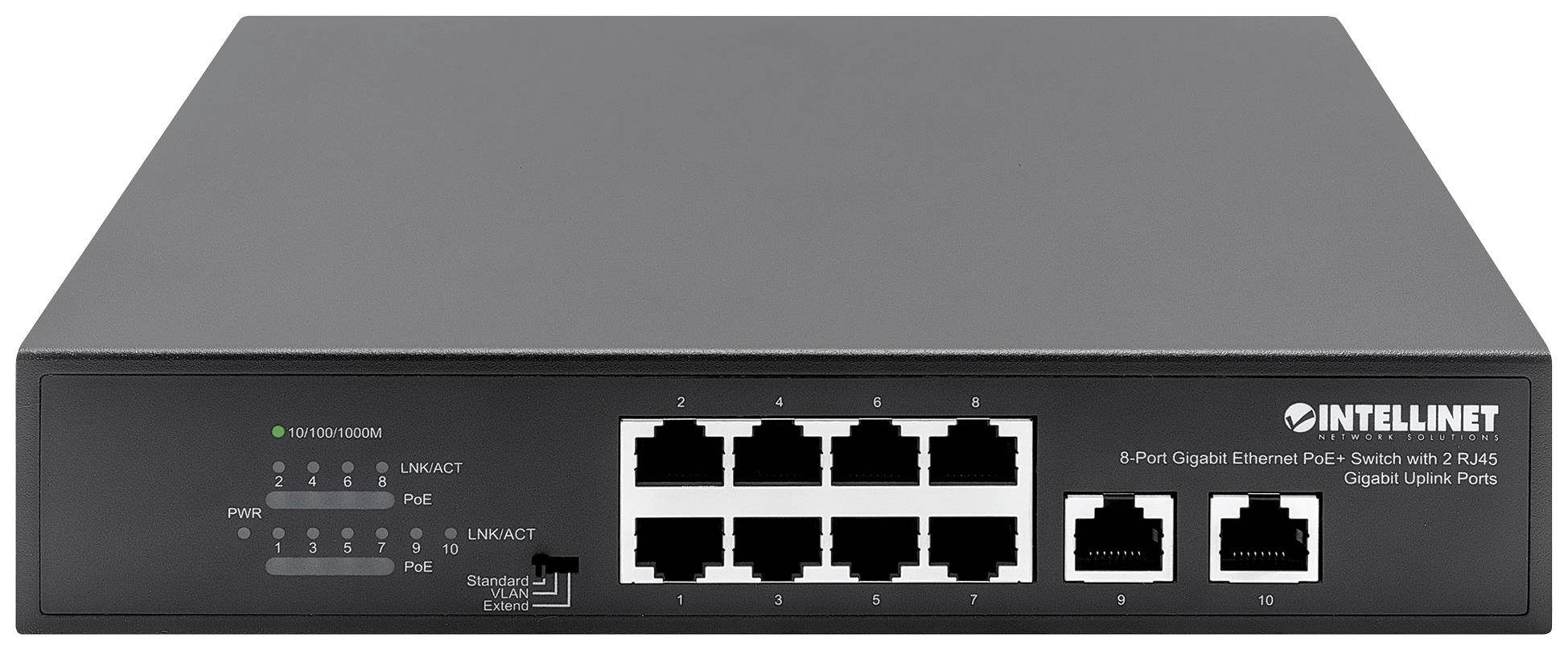 Intellinet 8-Port Gigabit Ethernet PoE+ Switch mit 2 RJ45 Gigabit Uplink-Ports 120W Netwerk switch 10 / 100 / 1000 MBit/