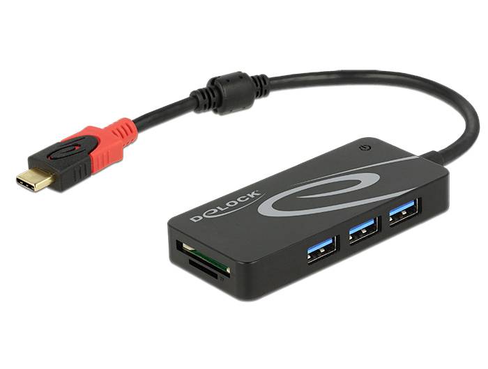 Delock 62900 62900 USB-hub 3 poorten USB-A, SD, Micro-SD USB 3.1 Gen1 5 GBit/s Met USB-C stekker Zwart