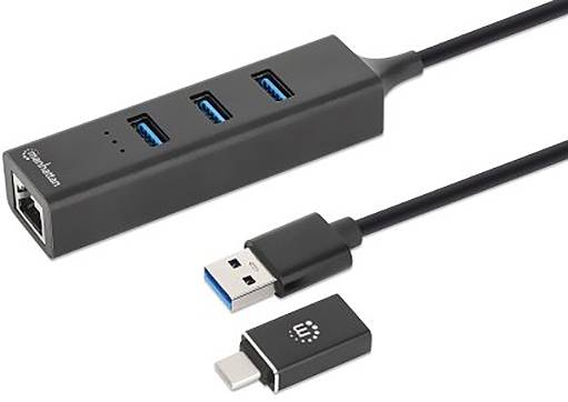 Manhattan 180894 180894 USB-hub 4 poorten USB-A, RJ45 USB 3.0 5 GBit/s Met ingebouwde netwerkaansluiting Zwart