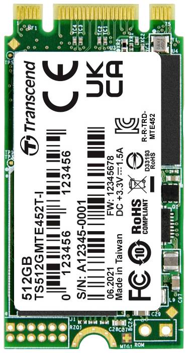Transcend MTE452T-I 512 GB NVMe/PCIe M.2 SSD 2242 harde schijf PCIe NVMe 3.0 x2 Industrial TS512GMTE452T-I