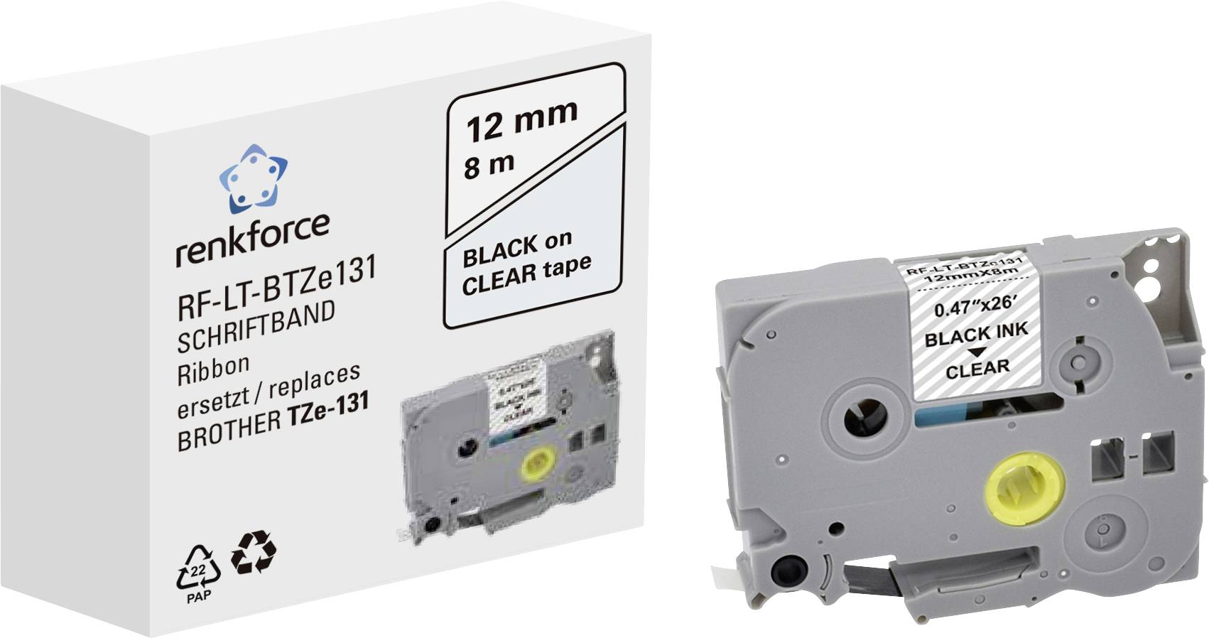 Renkforce RF-LT-BTZe131 Compatibel vervangt Brother TZe-131 12 mm Tapekleur: Transparant Tekstkleur: Zwart 8 m