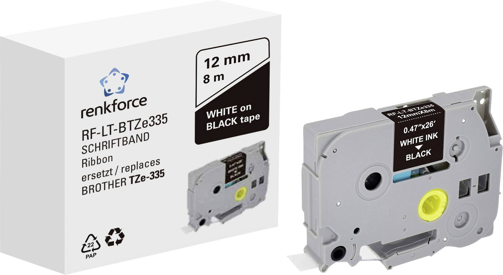 Labeltape Renkforce RF-LT-BTZe335 Compatibel vervangt Brother TZe-335 12 mm Tapekleur: Zwart Tekstkleur: Wit 8 m
