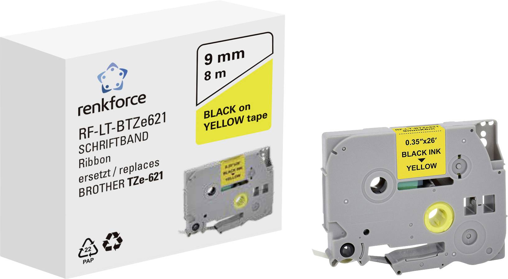 Renkforce RF-LT-BTZe621 Compatibel vervangt Brother TZe-621 9 mm Tapekleur: Geel Tekstkleur: Zwart 8 m