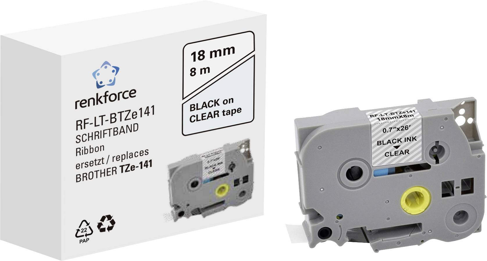 Renkforce RF-LT-BTZe141 Compatibel vervangt Brother TZe-141 18 mm Tapekleur: Transparant Tekstkleur: Zwart 8 m