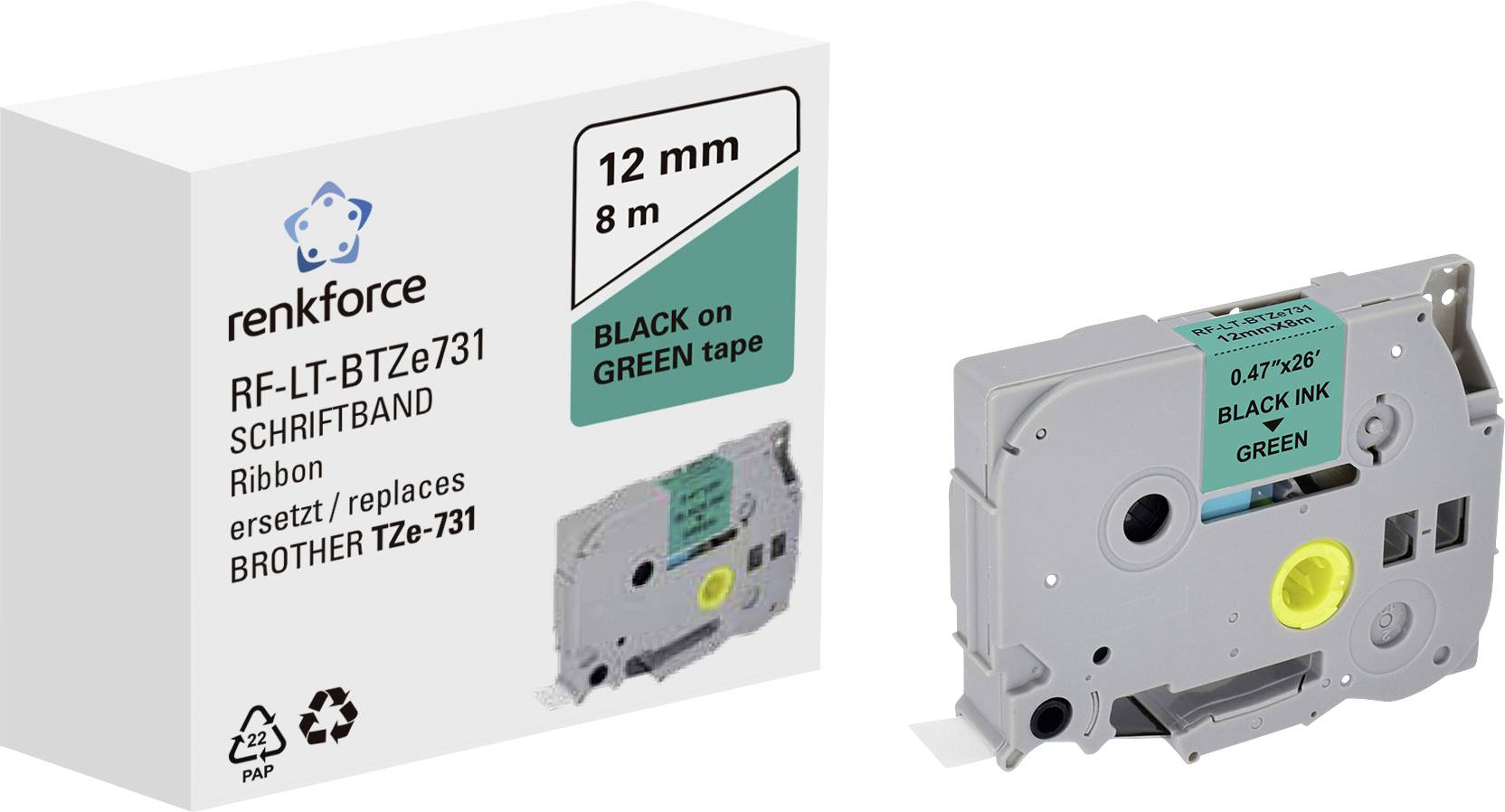 Renkforce RF-LT-BTZe731 Compatibel vervangt Brother TZe-731 12 mm Tapekleur: Groen Tekstkleur: Zwart 8 m