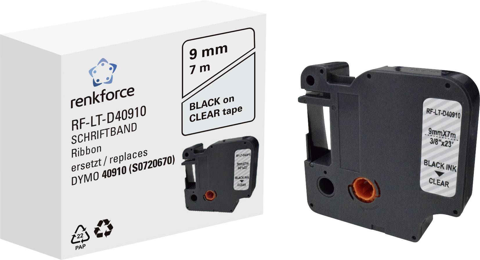 Renkforce RF-LT-D40910 Compatibel vervangt DYMO D1 - 40910 9 mm Tapekleur: Transparant Tekstkleur: Zwart 7 m