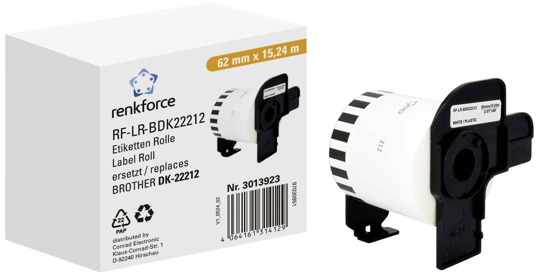 Renkforce Rol met etiketten Compatibel vervangt Brother DK-22212 62 mm x 15.24 m Papier Wit 15.24 m Permanent hechtend D