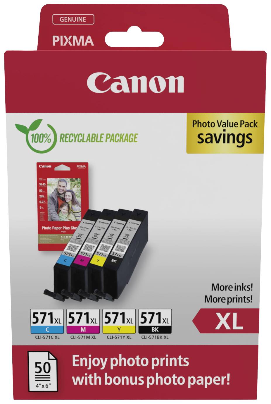 Canon Inktcartridge CLI-571 XL Origineel Combipack Zwart, Cyaan, Magenta, Geel 0332C006