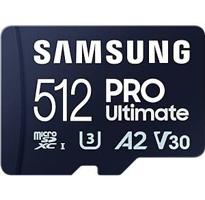 Samsung PRO Ultimate microSD-kaart 512 GB Class 3 UHS-I, v30 Video Speed Class, A2 Application Performance Class Incl. U Samsung PRO Ultimate microSD-kaart 512 GB Class 3 UHS-I, v30 Video Speed Class, A2 Application Performance Class Incl. U