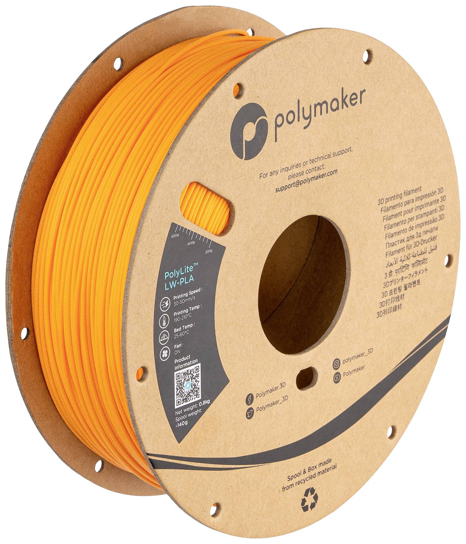 Polymaker PA08007 PA08007 Filament LW-PLA Mat, Lage dichtheid 1.75 mm 800 g Feloranje (mat) PolyLite™ 1 stuk(s)