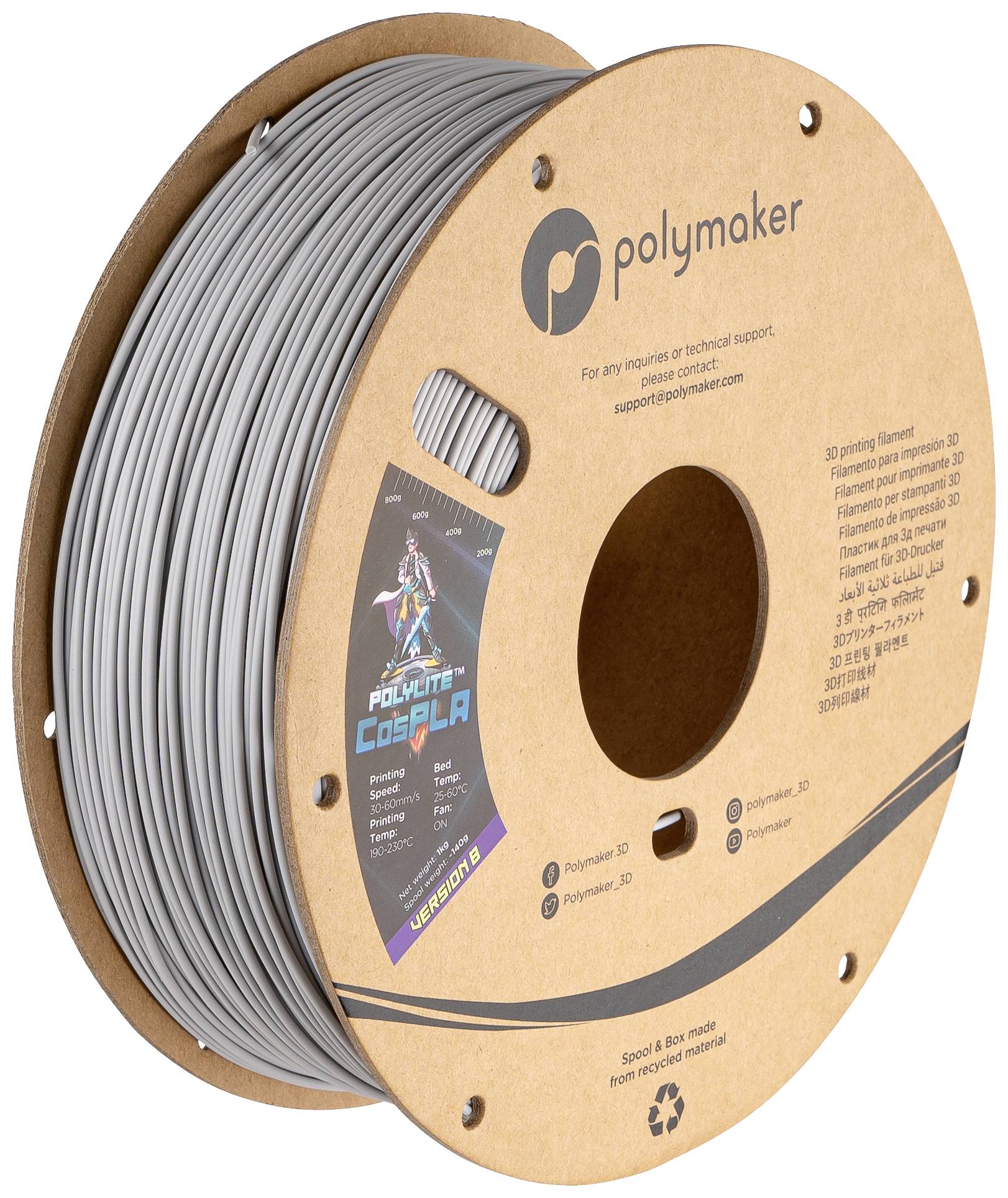Polymaker PA07045 CosPLA Version B Filament PLA kunststof Makkelijk te schuren, Goede verfhechting 1.75 mm 1000 g Grijs