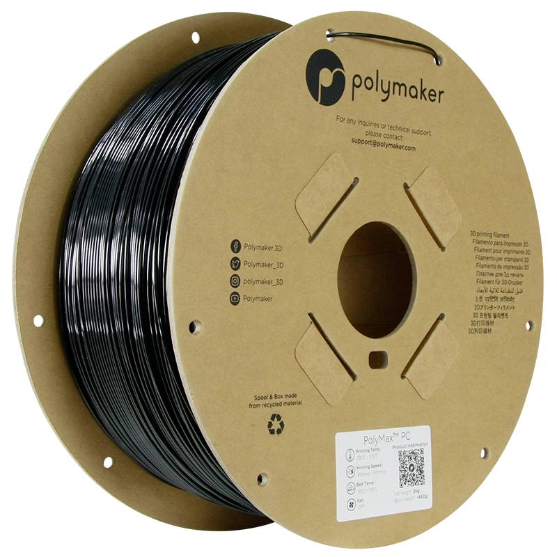 Polymaker PC02007 6938936712770 Filament PC (polycarbonaat) Slagvast, Hittebestendig 1.75 mm 3000 g Zwart PolyMax™ 1 stu