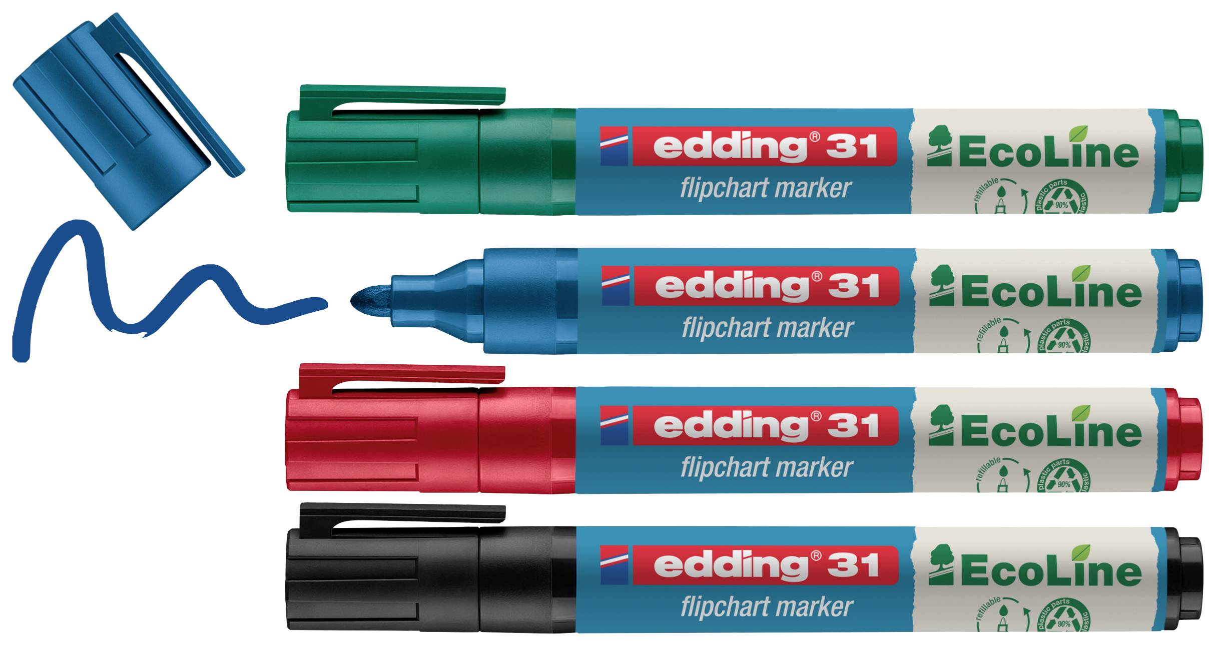 Edding 4-31-4 Flipchartmarker 4-31-4 Ronde punt 1.5 - 3 mm Zwart, Rood, Blauw, Groen 4 stuk(s)