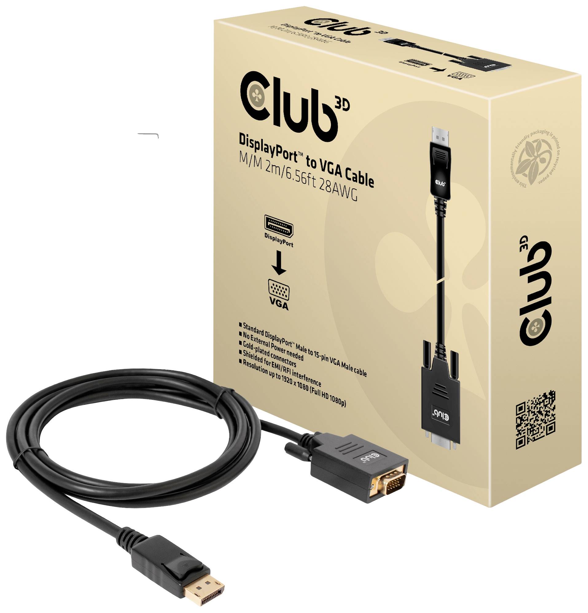 club3D CAC-1012 DisplayPort-kabel DisplayPort / VGA Aansluitkabel DisplayPort-stekker, VGA-stekker 15-polig 2.00 m Zwart