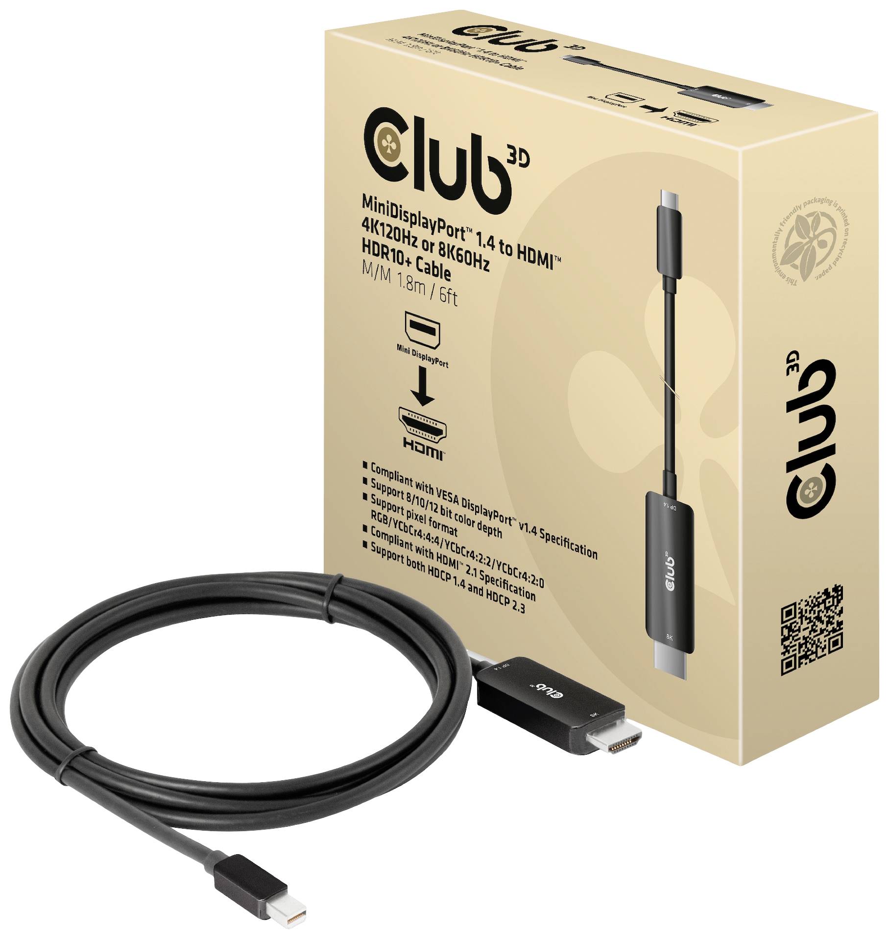 club3D CAC-1187 DisplayPort-kabel Mini-displayport / HDMI Aansluitkabel Mini DisplayPort-stekker, HDMI-A-stekker 1.80 m