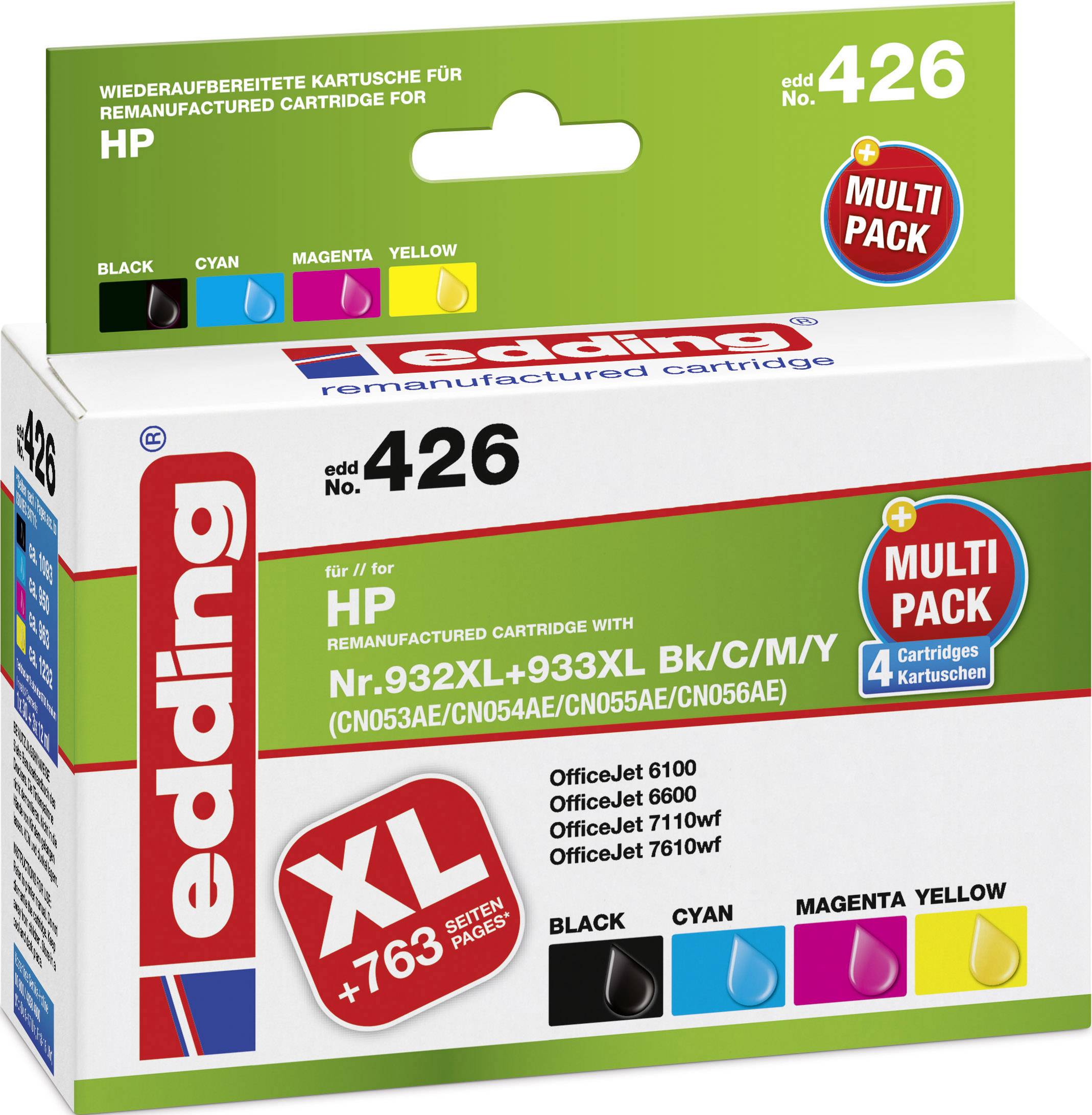 Edding Inktcartridge vervangt HP 932XL, 933XL Compatibel Combipack Zwart, Cyaan, Magenta, Geel 18-426