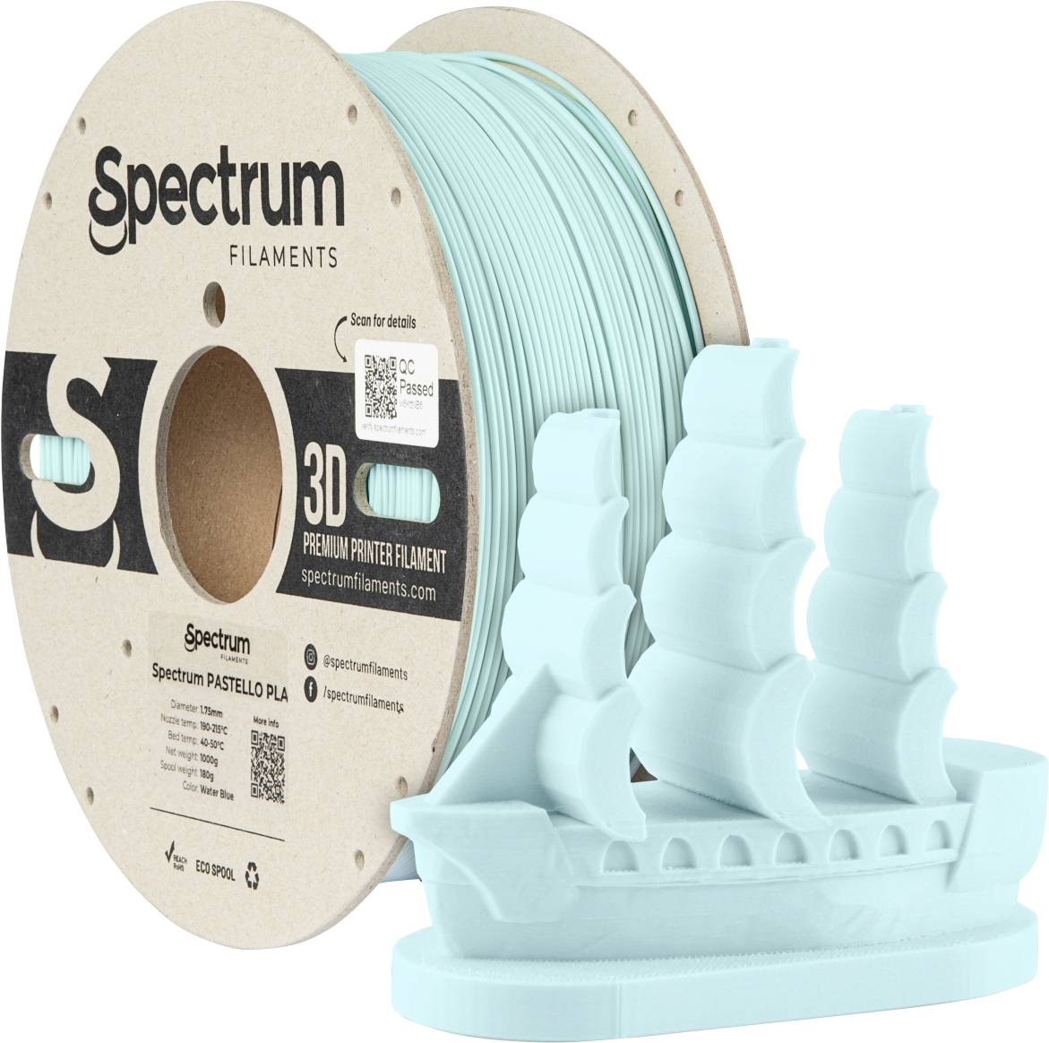 Spectrum Filaments 80704 Pastello PLA Filament PLA kunststof Mat 1.75 mm 1000 g Water Blue, Blauw, Pastel 1 stuk(s)
