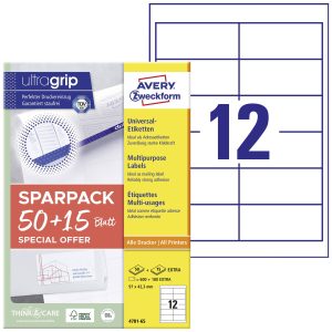 Avery-Zweckform 4781-65 Universele etiketten 97 x 42.3 mm Papier Wit 65 vellen Permanent hechtend Inkjet, Laser (zwart/w