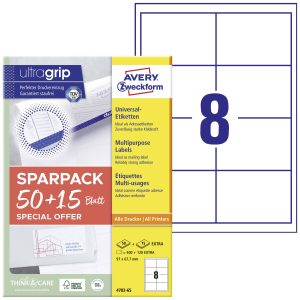 Avery-Zweckform 4782-65 Universele etiketten 97 x 67.7 mm Papier Wit 65 vellen Permanent hechtend Inkjet, Laser (zwart/w