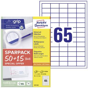 Avery-Zweckform 6121-65 Universele etiketten 38 x 21.2 mm Papier Wit 65 vellen Permanent hechtend Inkjet, Laser (zwart/w