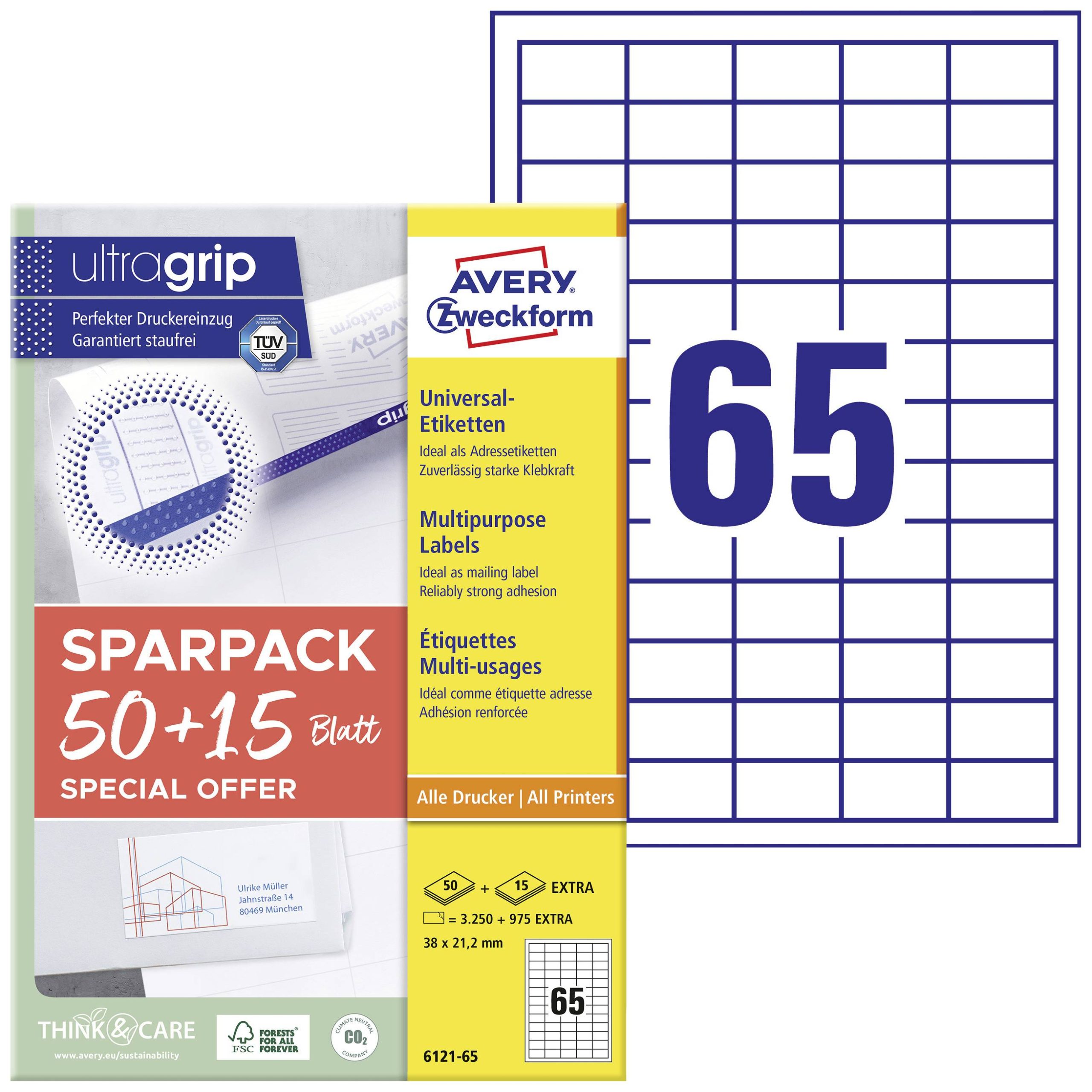Avery-Zweckform 6121-65 Universele etiketten 38 x 21.2 mm Papier Wit 65 vellen Permanent hechtend Inkjet, Laser (zwart/w