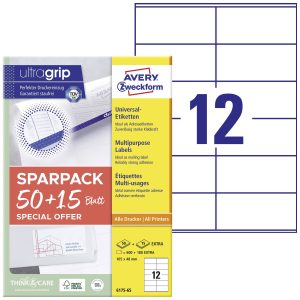 Avery-Zweckform 6175-65 Universele etiketten 105 x 48 mm Papier Wit 65 vellen Permanent hechtend Inkjet, Laser (zwart/wi