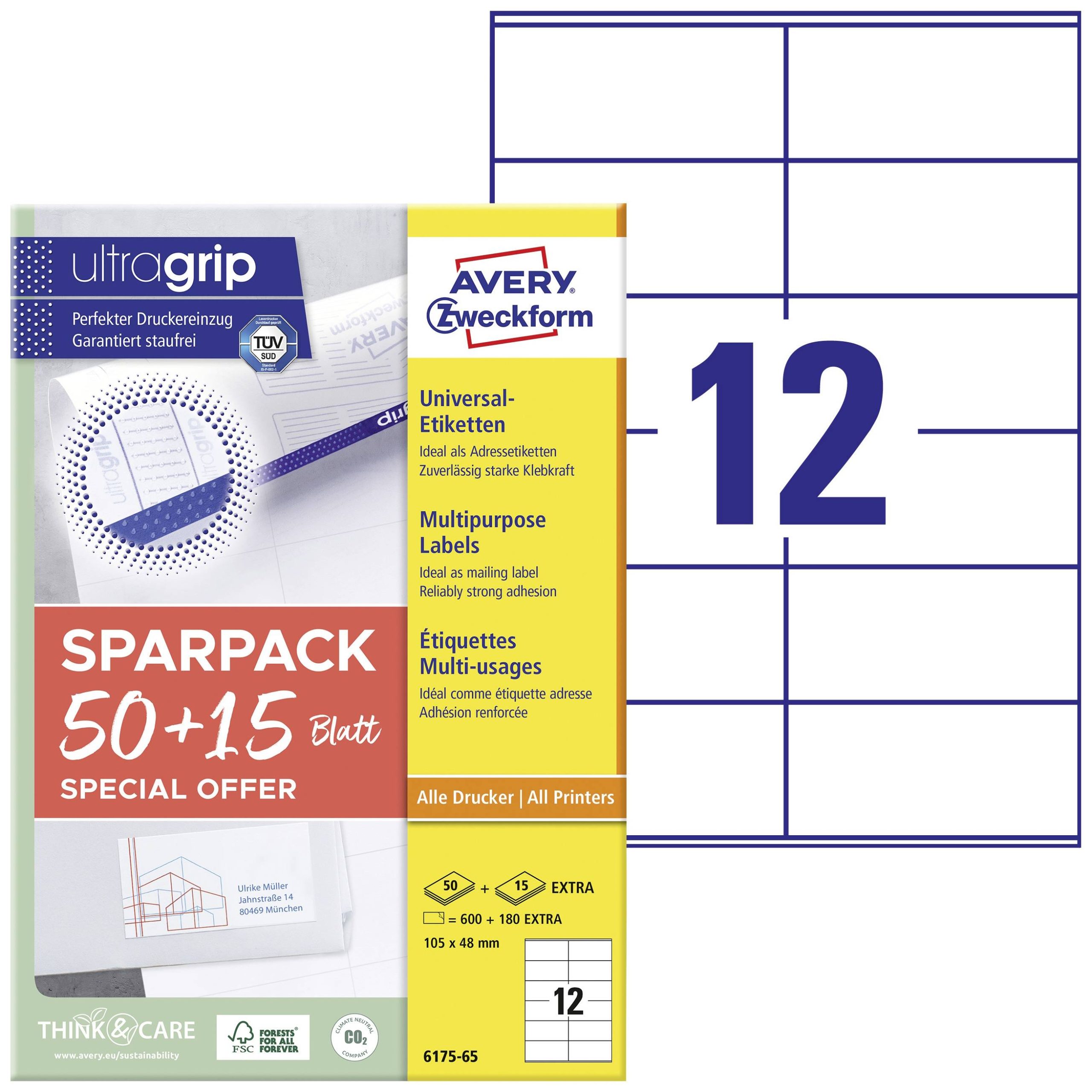Avery-Zweckform 6175-65 Universele etiketten 105 x 48 mm Papier Wit 65 vellen Permanent hechtend Inkjet, Laser (zwart/wi