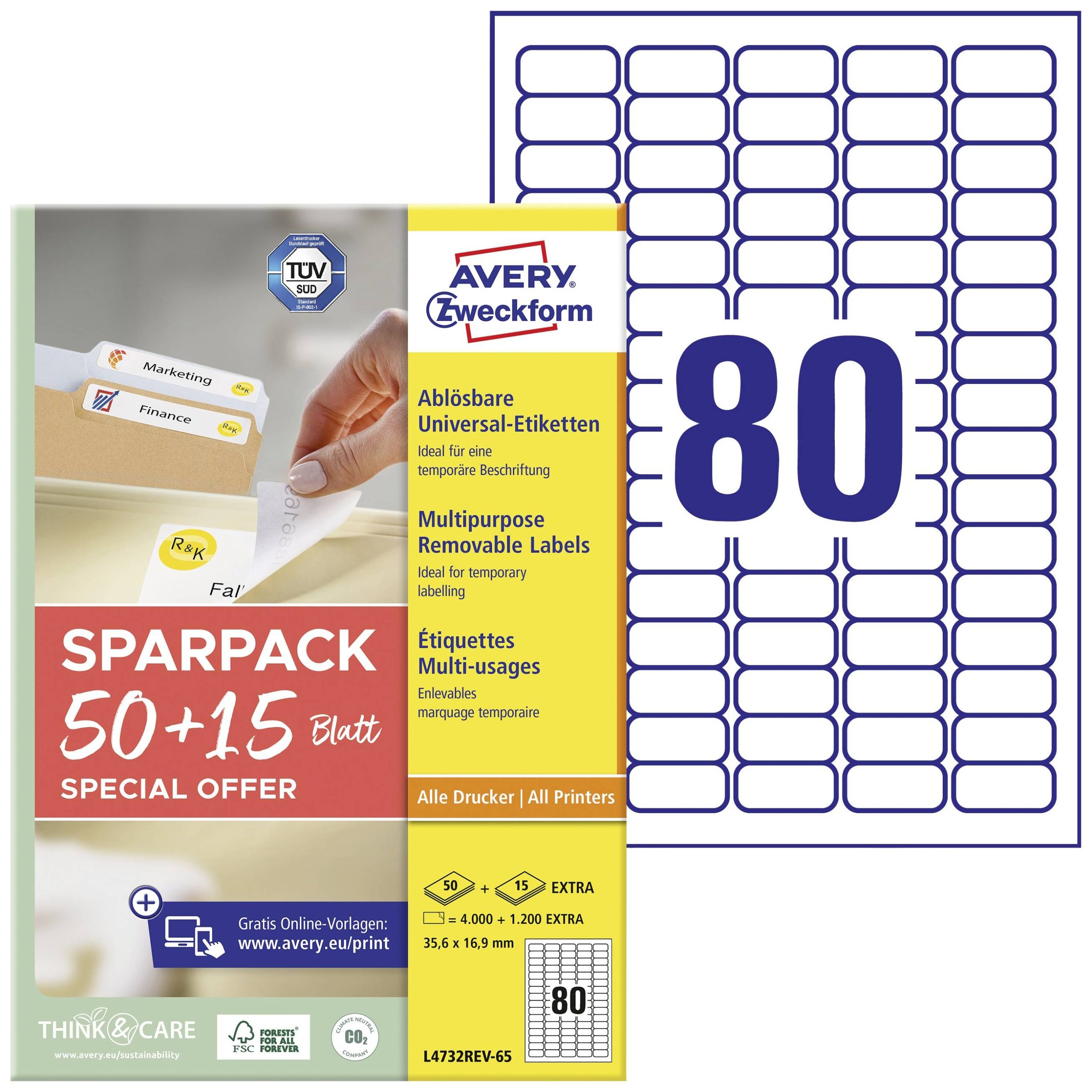 Avery-Zweckform L4732REV-65 Universele etiketten 35.6 x 16.9 mm Papier Wit 65 vellen Weer verwijderbaar Inkjet, Laser (z