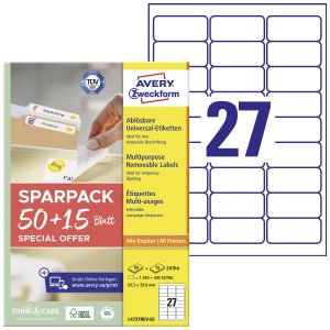 Avery-Zweckform L4737REV-65 Universele etiketten 63.5 x 29.6 mm Papier Wit 65 vellen Weer verwijderbaar Inkjet, Laser (z Avery-Zweckform L4737REV-65 Universele etiketten 63.5 x 29.6 mm Papier Wit 65 vellen Weer verwijderbaar Inkjet, Laser (z