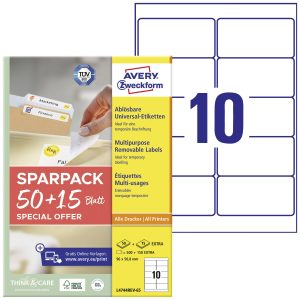 Avery-Zweckform L4744REV-65 Universele etiketten 96 x 50.8 mm Papier Wit 65 vellen Weer verwijderbaar Inkjet, Laser (zwa Avery-Zweckform L4744REV-65 Universele etiketten 96 x 50.8 mm Papier Wit 65 vellen Weer verwijderbaar Inkjet, Laser (zwa