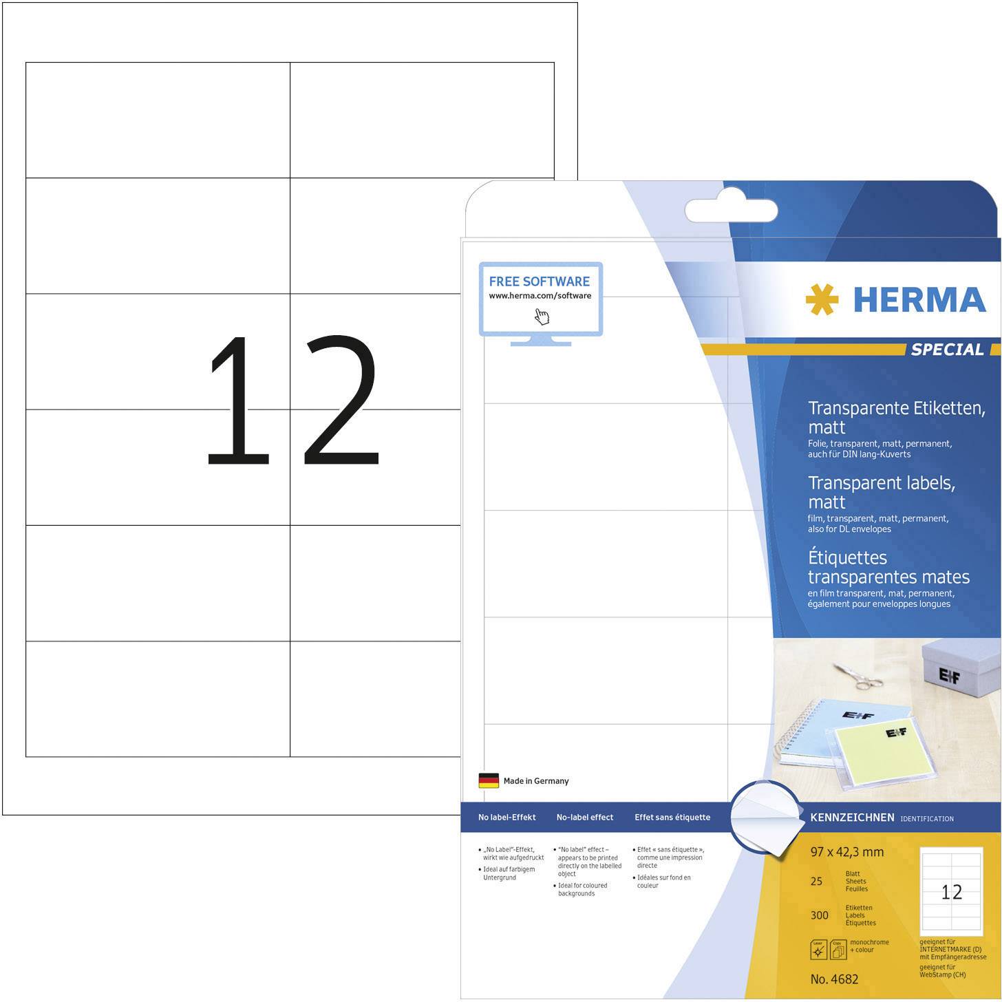 Herma 4682 Folie-etiketten 97 x 42.3 mm Polyester folie Transparant 300 stuk(s) Permanent hechtend Laser (kleur), Laser