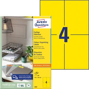 Avery-Zweckform 3459 Universele etiketten 105 x 480 mm Papier Geel 400 stuk(s) Permanent hechtend Inkjet, Laser (zwart/w