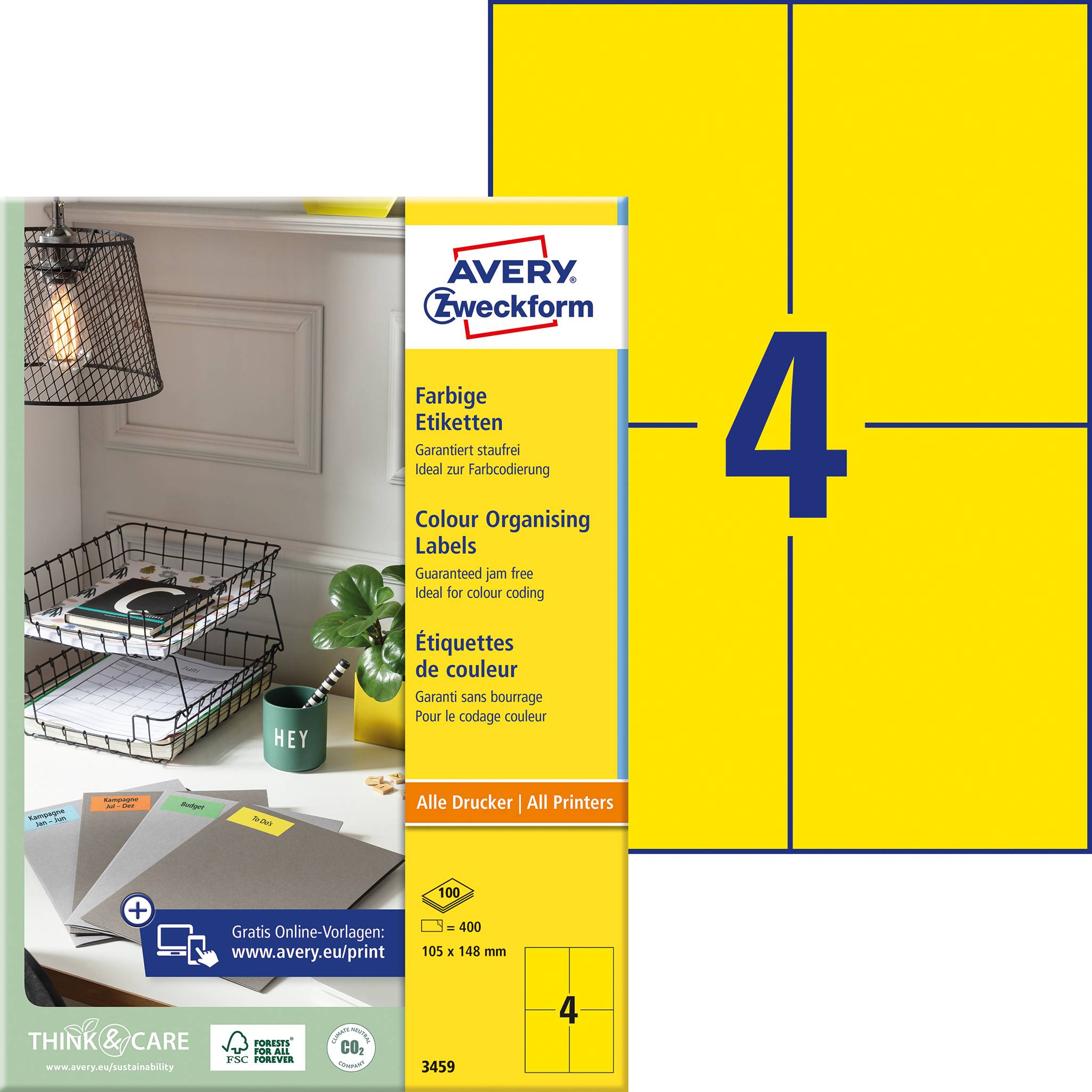 Avery-Zweckform 3459 Universele etiketten 105 x 480 mm Papier Geel 400 stuk(s) Permanent hechtend Inkjet, Laser (zwart/w