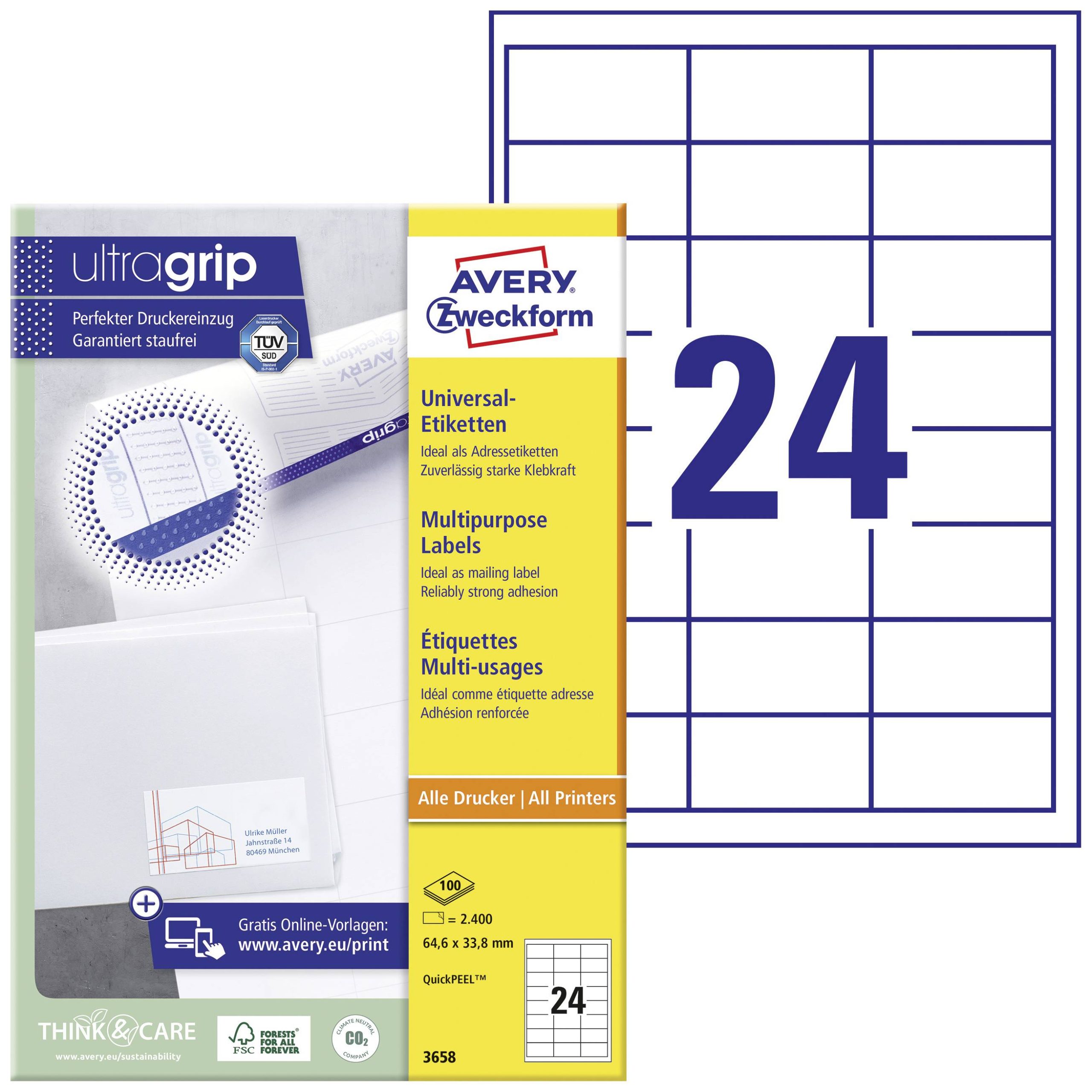 Avery-Zweckform 3658 Universele etiketten 64.6 x 33.8 mm Papier Wit 2400 stuk(s) Permanent hechtend Inkjet, Laser (zwart