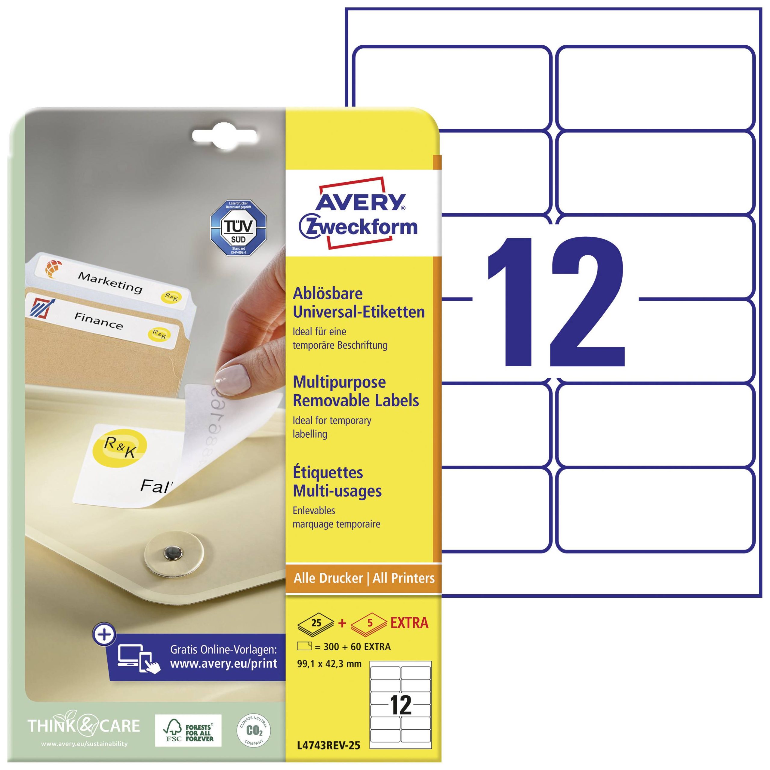 Avery-Zweckform L4743REV-25 Universele etiketten 99.1 x 42.3 mm Papier Wit 360 stuk(s) Weer verwijderbaar Inkjet, Laser