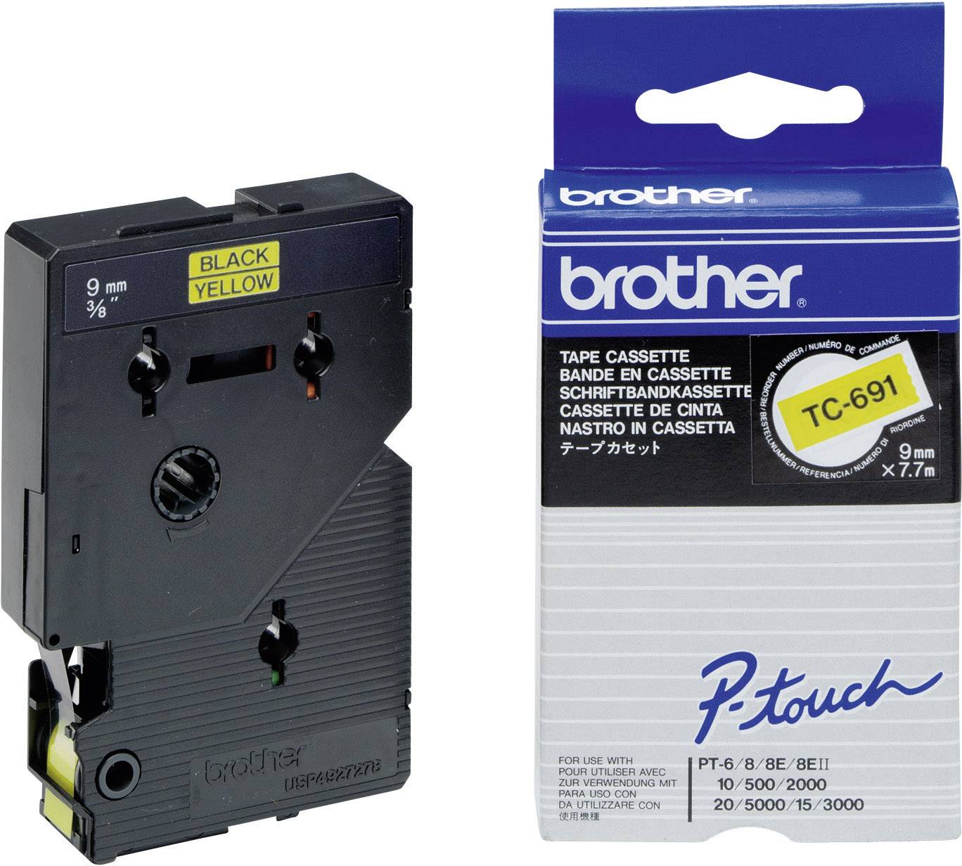 Brother TC-691 Labeltape Kunststof Tapekleur: Geel Tekstkleur: Zwart 9 mm 7.7 m