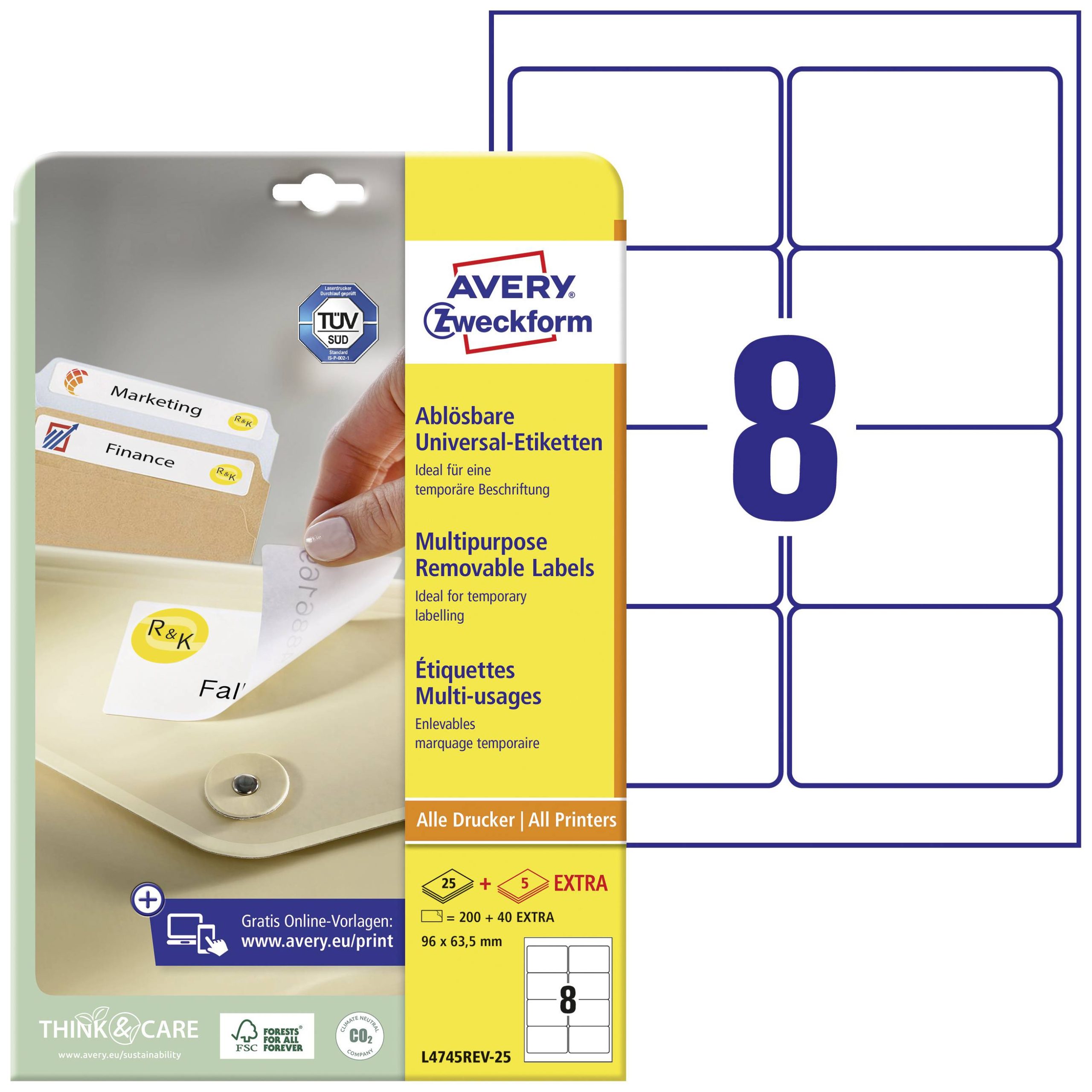 Avery-Zweckform L4745REV-25 Universele etiketten 96 x 63.5 mm Papier Wit 240 stuk(s) Weer verwijderbaar Inkjet, Laser (z