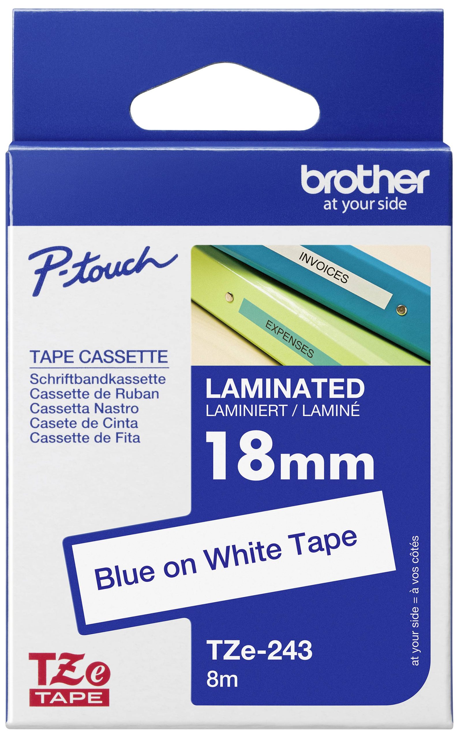 Labeltape Brother TZe, TZ TZe-243 PET Tapekleur: Wit Tekstkleur:Blauw 18 mm 8 m