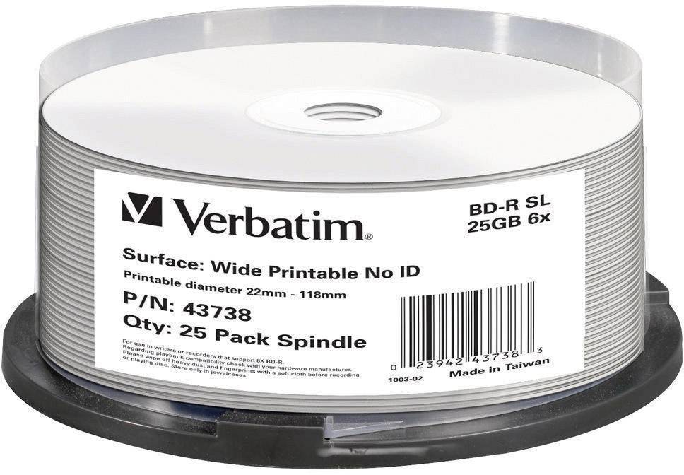 Verbatim 43738 Blu-ray BD-R disc 25 GB 25 stuk(s) Spindel Bedrukbaar