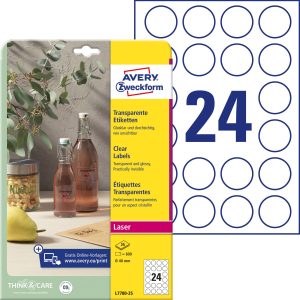 Avery-Zweckform L7780-25 Folie-etiketten Ø 40 mm Polyester folie Transparant 600 stuk(s) Permanent hechtend Laser (kleur Avery-Zweckform L7780-25 Folie-etiketten Ø 40 mm Polyester folie Transparant 600 stuk(s) Permanent hechtend Laser (kleur
