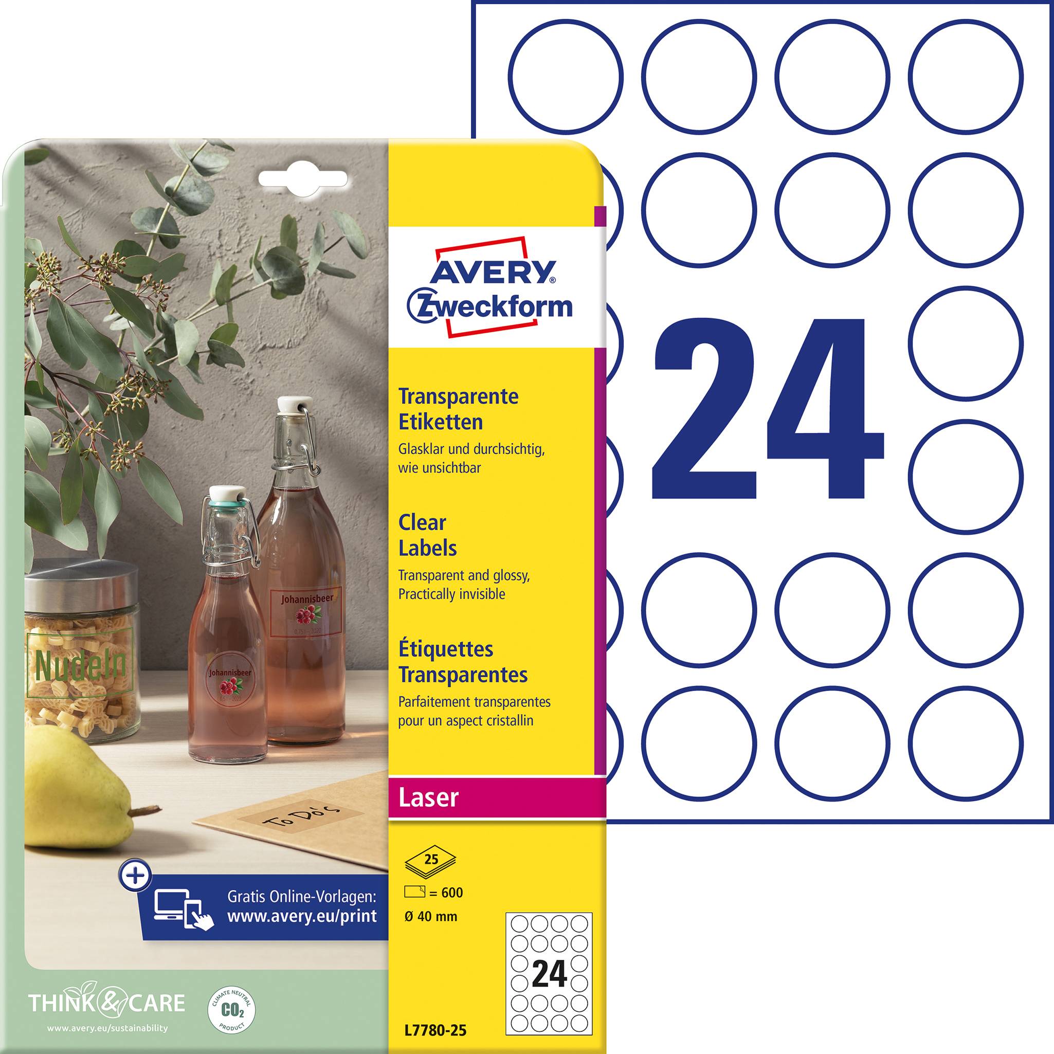 Avery-Zweckform L7780-25 Folie-etiketten Ø 40 mm Polyester folie Transparant 600 stuk(s) Permanent hechtend Laser (kleur
