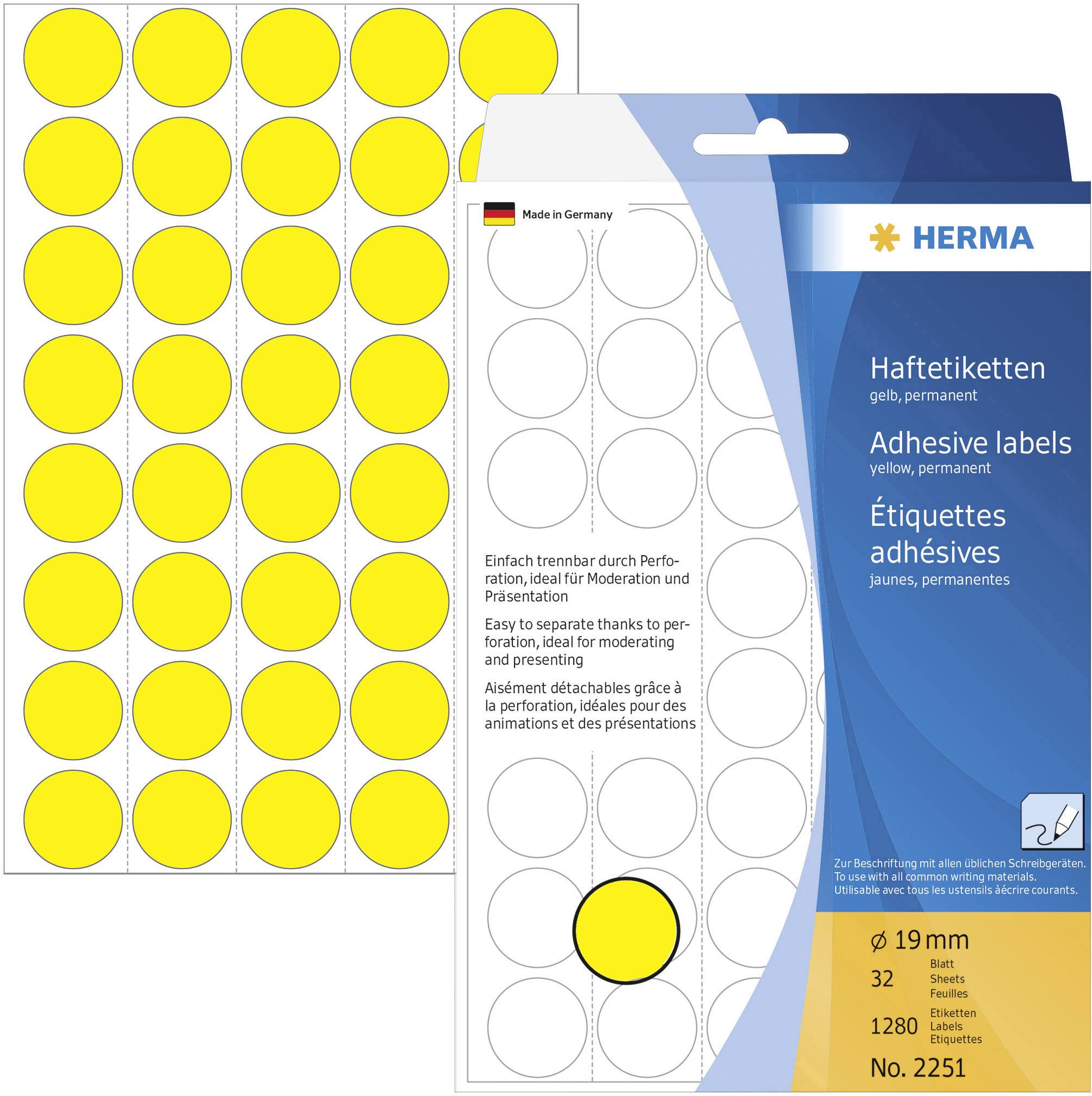 Herma 2251 Etiketten voor markeringspunten Ø 19 mm Geel 1280 stuk(s) Permanent hechtend Papier