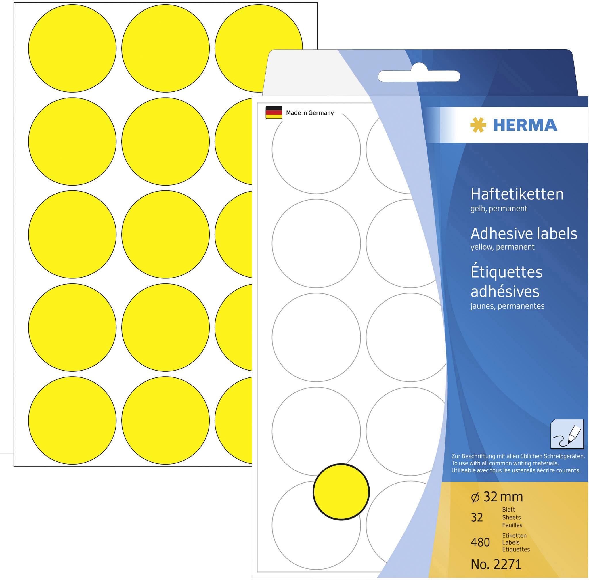 Herma 2271 Etiketten voor markeringspunten Ø 32 mm Geel 480 stuk(s) Permanent hechtend Papier