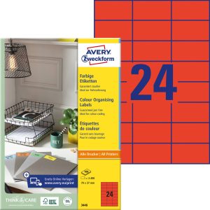 Avery-Zweckform 3448 Universele etiketten 70 x 37 mm Papier Rood 2400 stuk(s) Permanent hechtend Inkjet, Laser (zwart/wi