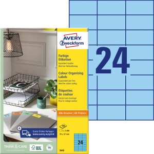 Avery-Zweckform 3449 Universele etiketten 70 x 37 mm Papier Blauw 2400 stuk(s) Permanent hechtend Inkjet, Laser (zwart/w