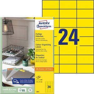 Avery-Zweckform 3451 Universele etiketten 70 x 37 mm Papier Geel 2400 stuk(s) Permanent hechtend Inkjet, Laser (zwart/wi