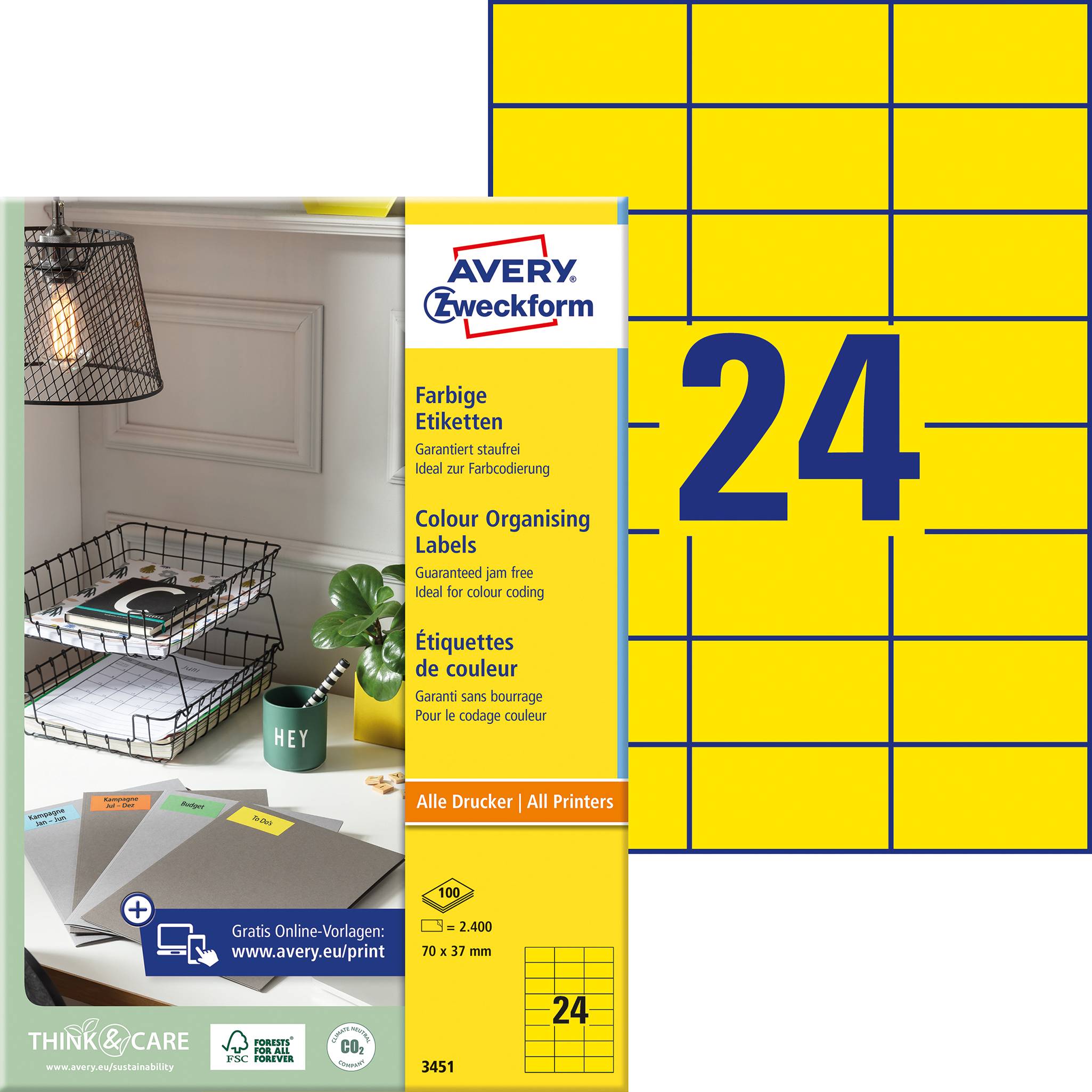 Avery-Zweckform 3451 Universele etiketten 70 x 37 mm Papier Geel 2400 stuk(s) Permanent hechtend Inkjet, Laser (zwart/wi