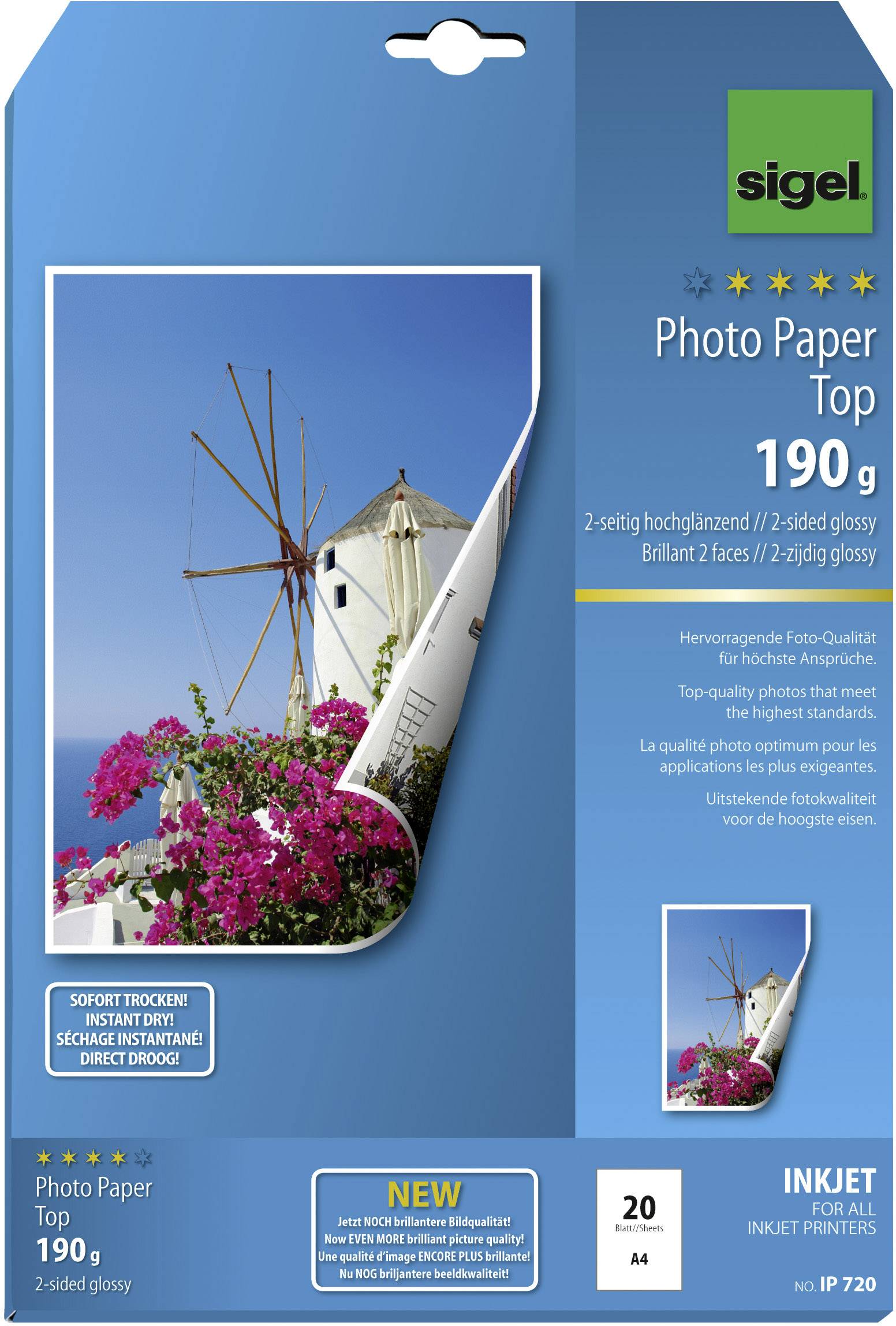 Sigel Photo Paper Top IP720 Fotopapier DIN A4 190 g/m² 20 vellen Hoogglans, Dubbelzijdig bedrukbaar