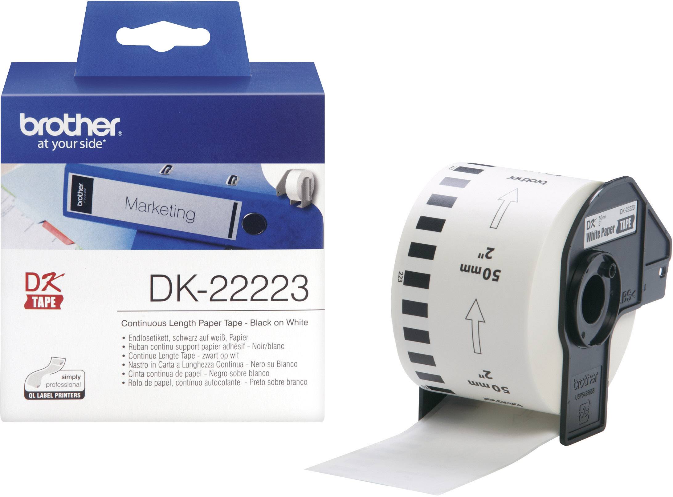 Brother DK-22223 Rol met etiketten 50 mm x 30.48 m Papier Wit 1 stuk(s) Permanent hechtend DK22223 Universele etiketten