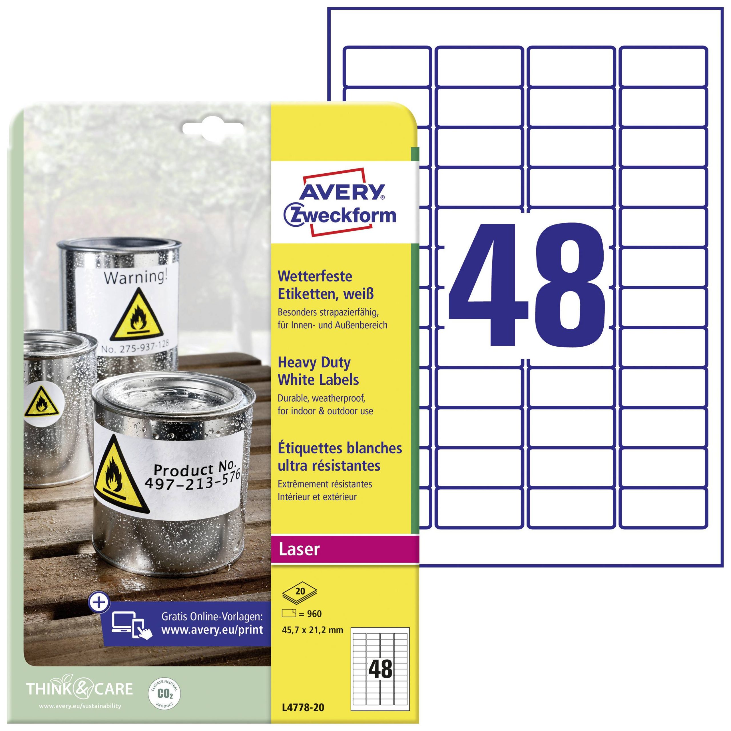 Avery-Zweckform L4778-20 45.7 x 21.2 mm Polyester folie Wit 960 stuk(s) Permanent hechtend Folie-etiketten